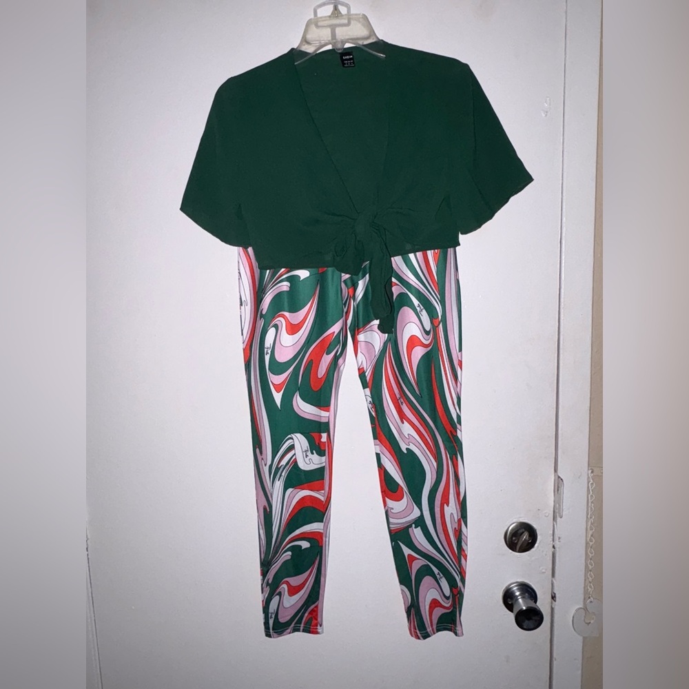 SHEIN Green and Red Jumpsuit with Bold Swirl Pattern